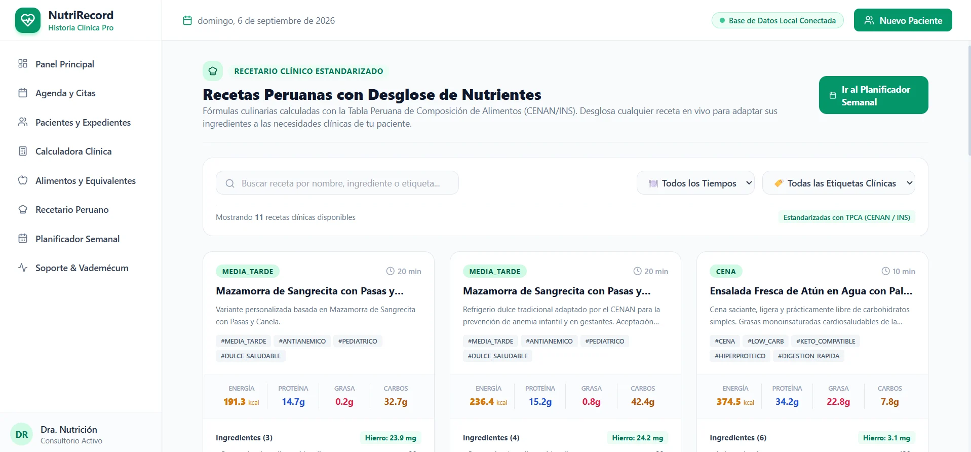 NutriRecord: recetario clínico con desglose de nutrientes